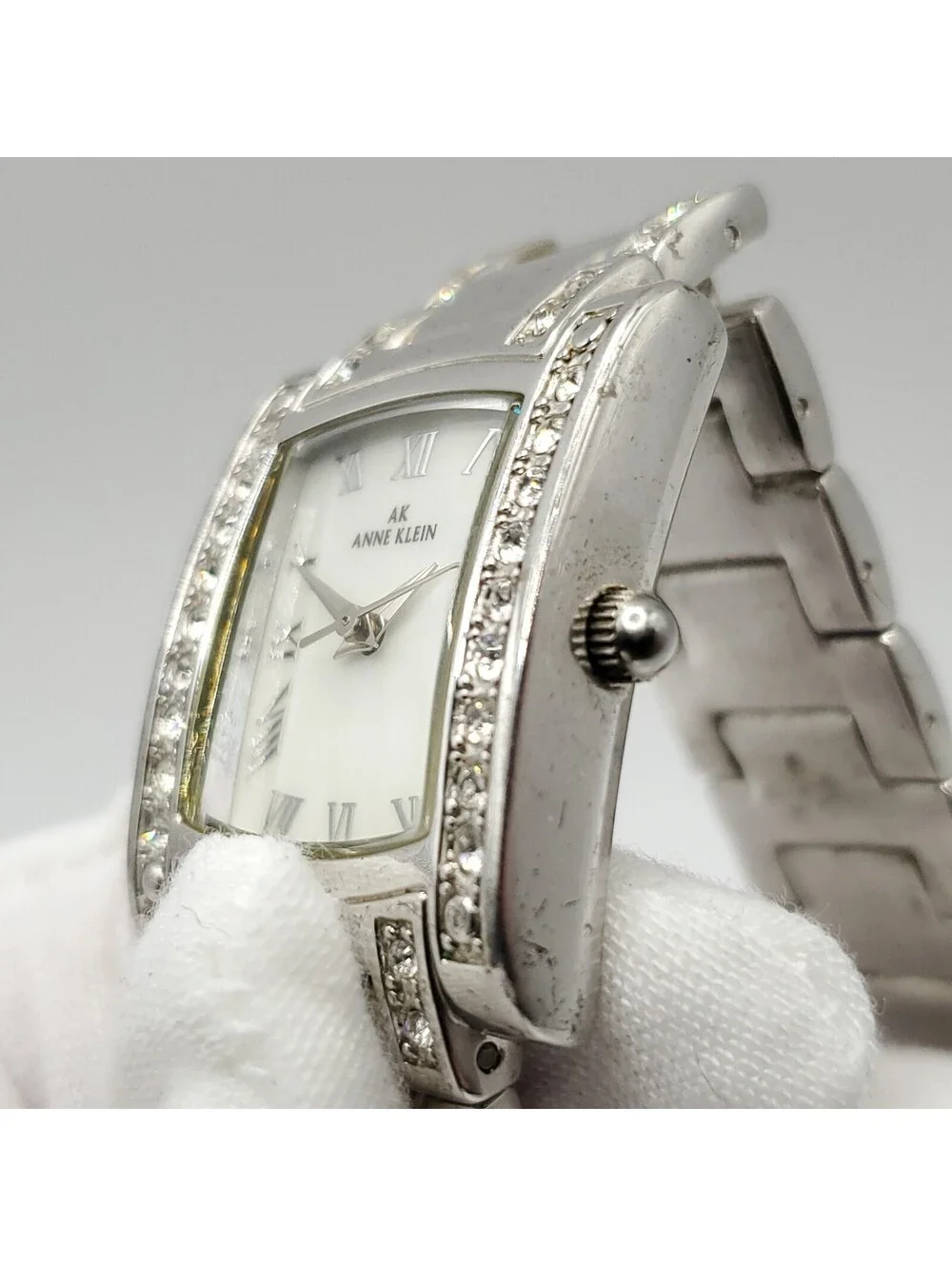 Anne Klein Watch Women 24mm New Battery Silver Tone Rhinestone Roman Numerals